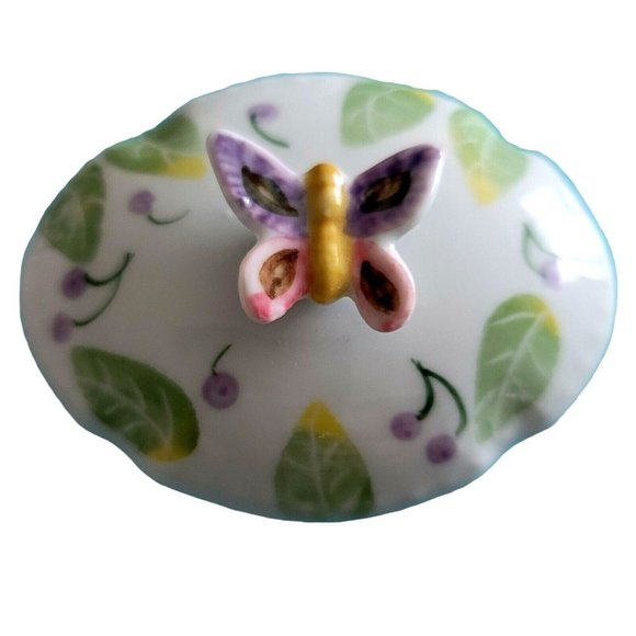 Vintage Andrea By Sadek Porcelain Oval Trinket Box Butterfly Lid Botanical. - Picture 5 of 5